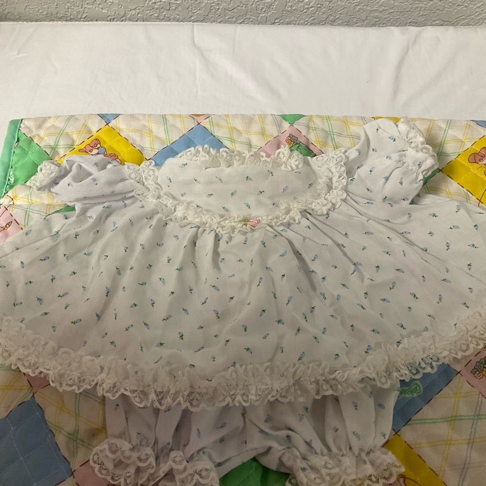 Vintage Cabbage Patch Kids White and Blue Rosebud Dress & Bloomers For CPK Girls